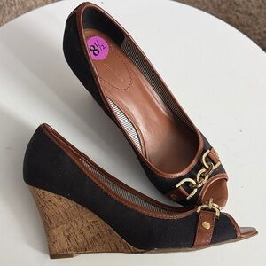 Tommy Hilfiger Brown and Black Peep-Toe Wedges